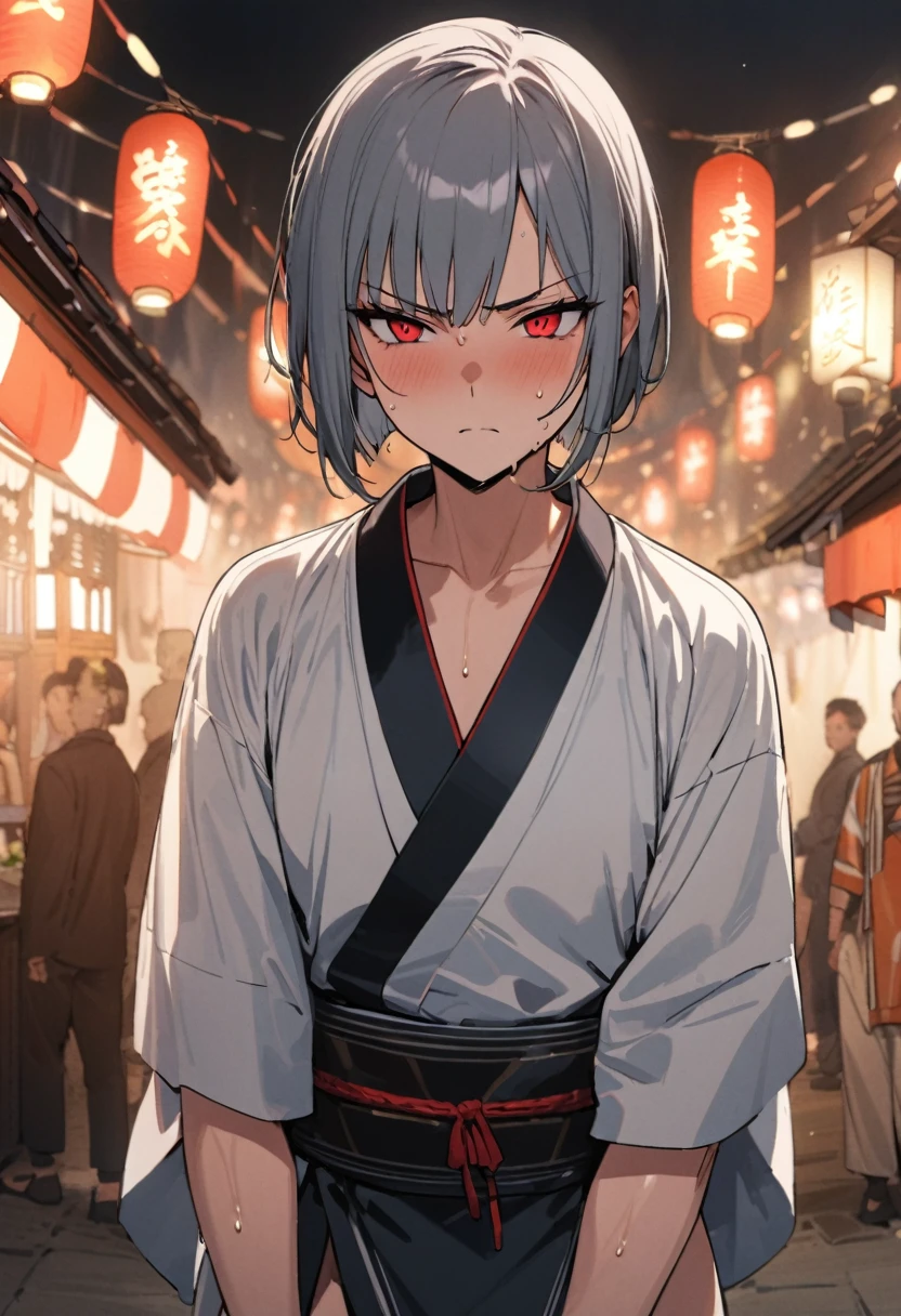 Hakata Gion Yamakasa Mikoshi (portable shrine), (Carrying the portable shrine) (a 16 yo, silver crew cut hair very short hair divine fighter boy, cool red eyes, serious face, sweaty), in a Festival Happi Coat, Loincloth, break, in the Hakata Gion Yamakasa festival venue, BREAK, perfect ???????, masterpiece, best quality, 16k, beautiful detailed grow, daydreaming expression.