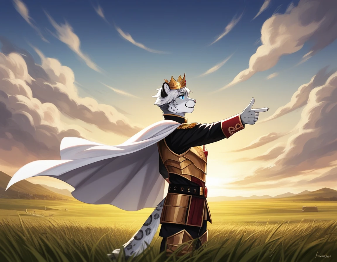 Score_9, score_8_up, score_7_up, source_cartoon, Anthro male, snow leopard, short white hair, blue eyes, wearing regal kings outfit, kings top, elegant slacks, crown, wearing silver armor, white cape, young, tall and slender, portrait, standing, pointing to a battlefield, grassy field, many knights in the background marching, huge army in the background, outdoors, side view, epic pose,