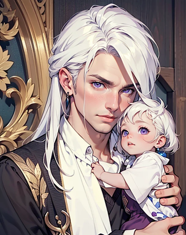 ((masterpiece)), (((best quality))), 1 male, pale white skin, long white hair, handsome man, violet eyes, earrings, realistic medieval clothing, portrait, detailed face, cradling a baby with white hair, highest quality, highly detailed, original, high resolution CG Unit 8k wallpaper, (best quality, artwork, masterpiece, 4k)
