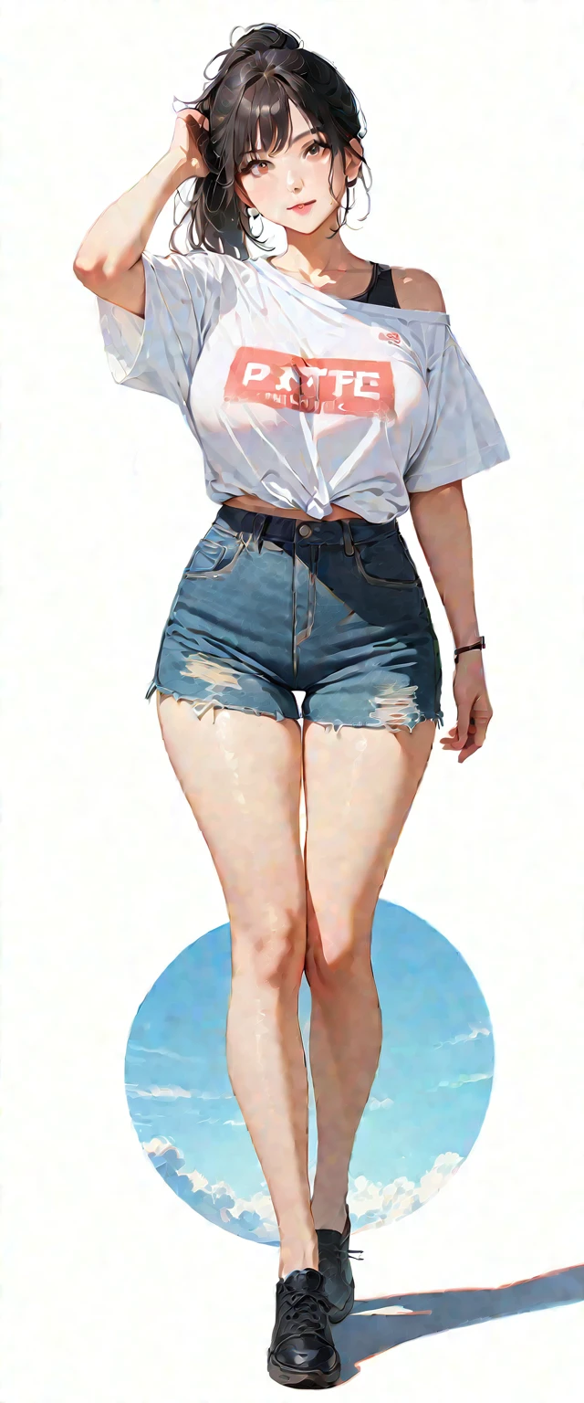 20 years old,1 mature woman,hyperrealistic, 8k, (extremely detailed 8k), (very delicate and beautiful), (masterpiece), (better quality:1.0), (ultra high resolution:1.0), (masterpiece, best quality),cute,black hair,big breasts,ponytail,POV,t-shirt,short denim pants,cap,full body,white background,realistic skin,looking at viewer