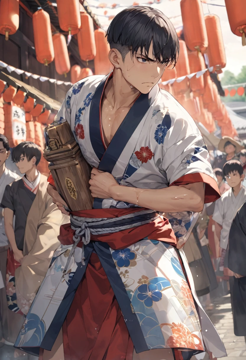 Hakata Gion Yamakasa Mikoshi (portable shrine), (Carrying the portable shrine) (a 16 yo, silver crew cut hair very short hair divine fighter boy, serious face, sweaty), in a Festival Happi Coat, Loincloth, break, in the Hakata Gion Yamakasa festival venue, BREAK, perfect anatomy, masterpiece, best quality, 16k, beautiful detailed grow, daydreaming expression.