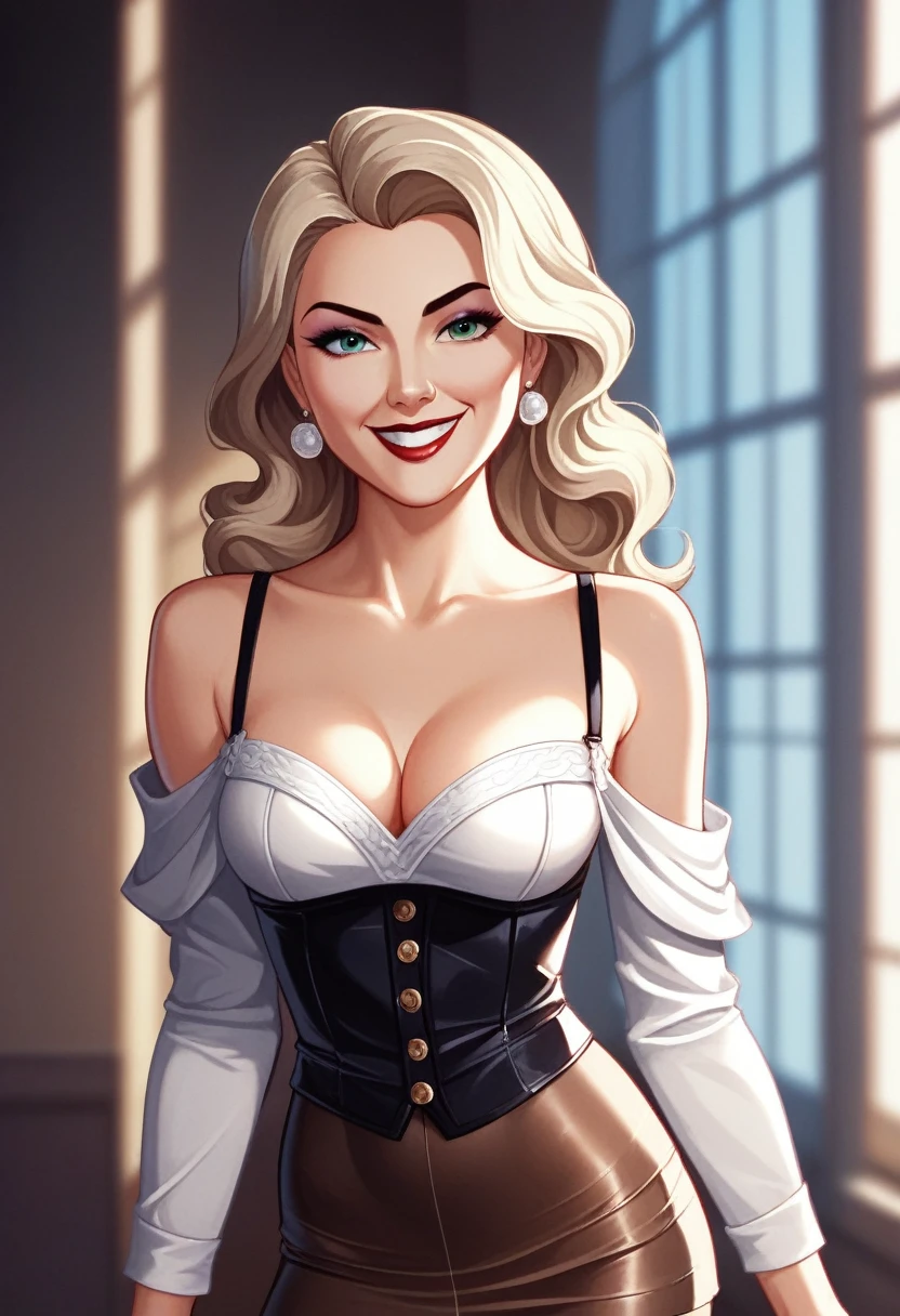 RAW photo, 1woman, portrait of Marilyn Monroe, thin, medium breast, wearing off shoulder dress, tiny tight skirt, brown pantyhose, for pin up shoot, intricate, elegant, highly detailed, depth of field, natural lighting, hard focus, ray traced, (evil smile:1.2), 8k uhd, dslr, soft lighting, high quality, film grain, Fujifilm XT3