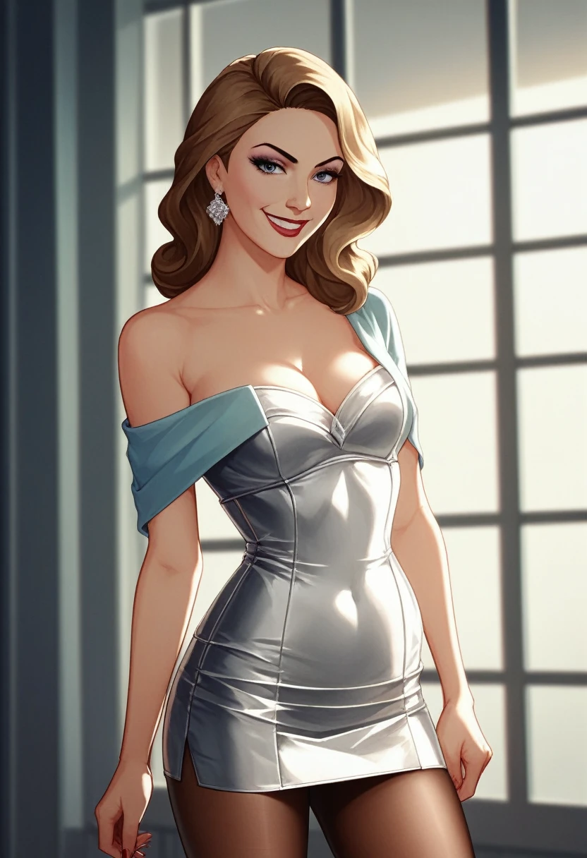 RAW photo, 1woman, portrait of  Marilyn Monroe, thin, medium breast,  wearing off shoulder dress, tiny tight skirt, brown pantyhose, for pin up shoot,  intricate, elegant, highly detailed, depth of field, natural lighting, hard focus, ray traced, (evil smile:1.2), 8k uhd, dslr, soft lighting, high quality, film grain, Fujifilm XT3