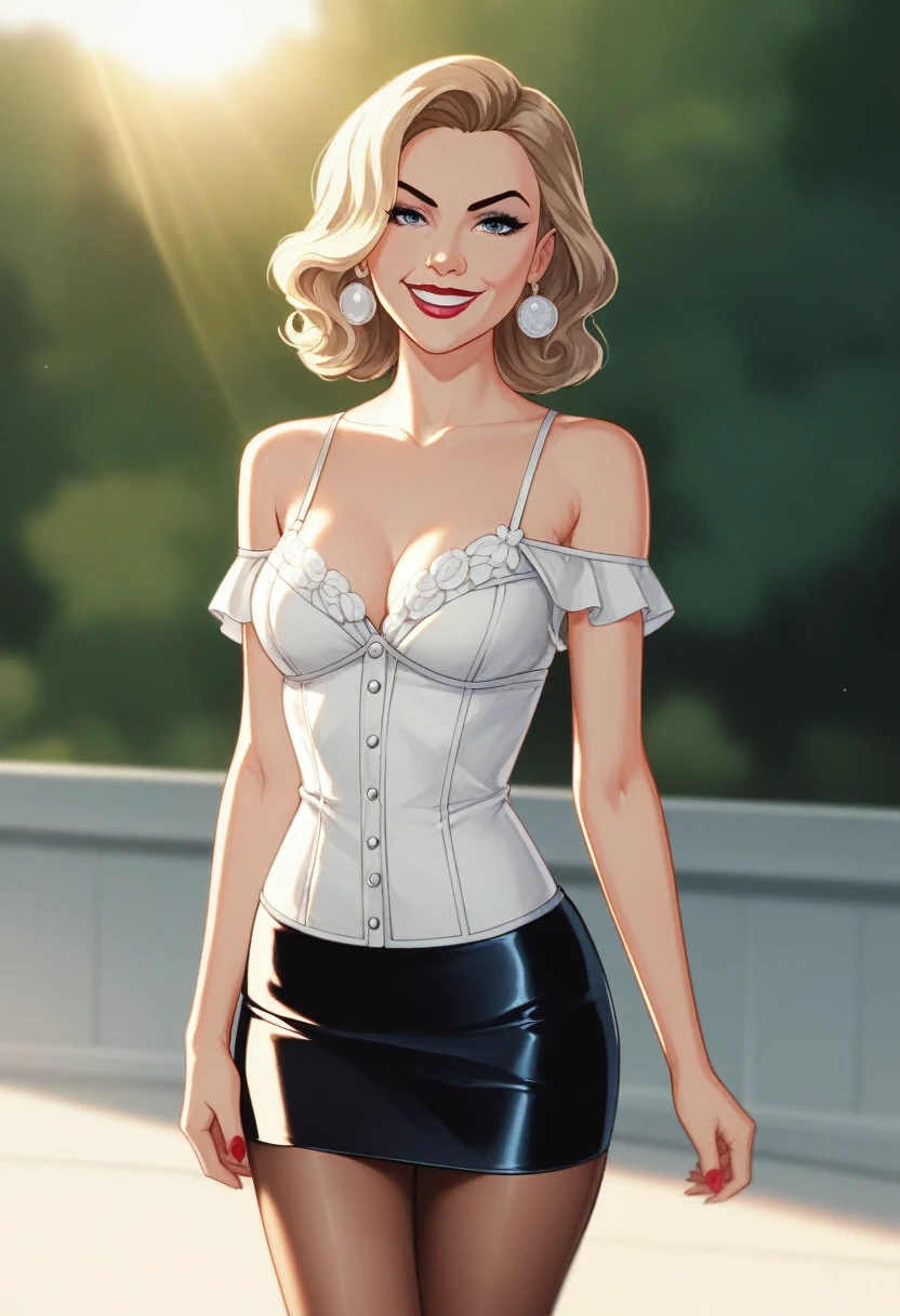 RAW photo, 1woman, portrait of  Marilyn Monroe, thin, medium breast,  wearing off shoulder dress, tiny tight skirt, brown pantyhose, for pin up shoot,  intricate, elegant, highly detailed, depth of field, natural lighting, hard focus, ray traced, (evil smile:1.2), 8k uhd, dslr, soft lighting, high quality, film grain, Fujifilm XT3