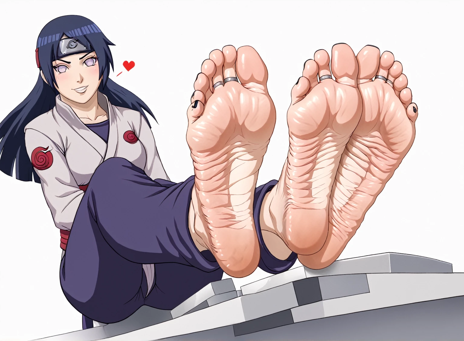 Hinata From Naruto, feet, soles, wrinkled soles, disgusting dirty soles, black toenail, toes ring, soles focus. Very detailed soles, Masterpiece, UHD. Ninja Chamber background