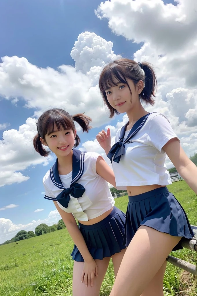 2 girls in rural field,cumulonimbus cloud in summer sky,sailor shirt,navy blue pleated micro mini skirt lifting up,white panties,18-year-old,bangs,a little smile,thighs,knees,short hair with low pigtails bunches,from below,front light