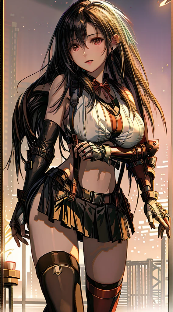 (8ｋ、highest quality、MASTERPIECE:1.2)、(photorealistic:1.3 of 7)、Super Detailed、girl 1 person、mature、solo、(Tifa Lockheart)、(big chest)、(((huge lift clothes to show bra)))、(((black bra)))、(beautiful eyes)、(smiling:1.2)、(Closed)、erotic pose、dance、neons、street scenery、Depth Of Field、Dark and strong shadows、Sharp focus、auto、motion blur、bike、Depth Of Field、composition、Glowing green light、Final Fantasy VII, (nose blush）、Single Elbow Pad、Ankle Boots、dark black hair、toned thighs、red boots、Elbow Gloves、Elbow pads、Fingerless Gloves、Taut Shirt、sports bra、（suspenders), (Black Skirt)、thights、white tank top、All over body、head rest、Lips、Facial、Low Tai Long Hair、(red_Ojo)、Yellow flowers、(night:1.3)、Complex、Bokeh、Cinematic Lighting、Photon mapping、Radiosity、physically based rendering、(Tetsuya Nomura Style)、NSFW、Perfect Breasts