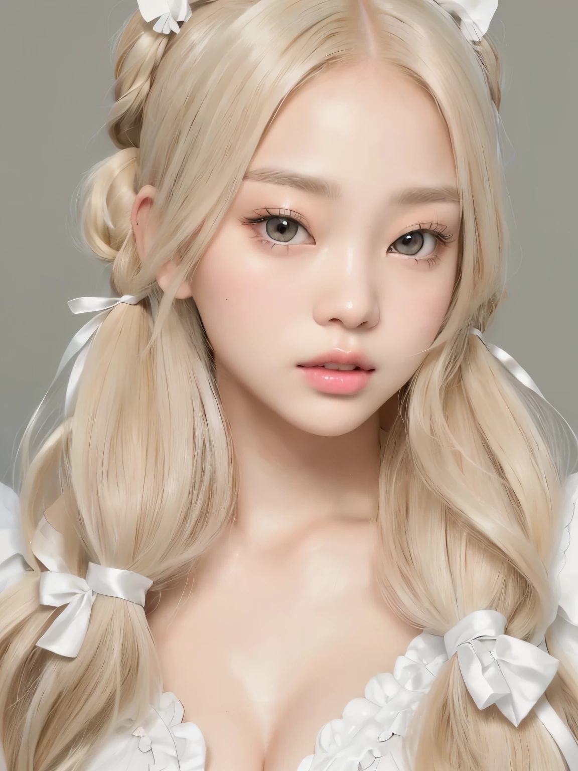 a close up of a woman with long blonde hair wearing a white dress, kawaii realistic portrait, blond hair with pigtails, kawaii hairstyle, twintails hairstyle, pigtails hairstyle, cute natural anime face, pale milky white porcelain skin, long blonde hair and big eyes, realistic young anime girl, white hime cut hairstyle, anime girl in real life, ultrarealistic sweet bunny girl, kim jennie, jennie kim, jennie of blackpink