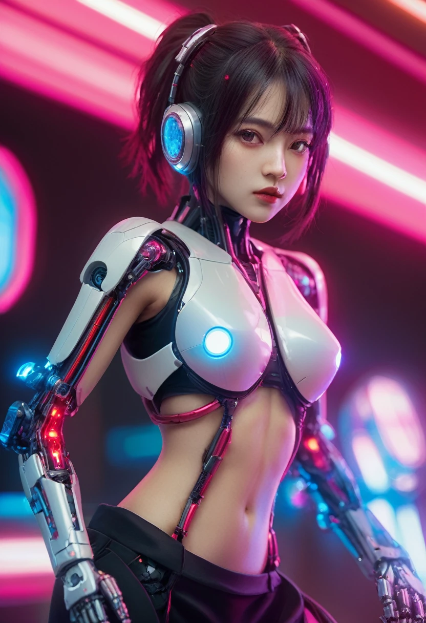 xxmixgirl. Highly detailed professional 35mm film, bokeh, face in sharp focus. A robotic female, Miku, with ((metal skin)), ((perfect Asian eyes)) with magenta irises and ((black pupils)), beautiful serious (detailed face), 18 year old ((photorealistic face)), very long magenta twin tails of magenta hair, twin black hair ties with a single red stripe. She may have a black audio headpiece. We can see her ((full body)) down to her boot soles. Her outfit is a sleeveless collared light grey shirt, outlined in red around the frilled collar and hems. Shiny reflective ((metallic breast cups, dimpleless)), invisible nipples. She wears black sleeves with red hems that start around her upper arm and bellow out as the sleeves open and extend to her wrists, with wide trumpet red rimmed cuffs. She has perfect robotic (detailed hands). She wears a red colored tie with two horizontal solid parallel black lines halfway across. She wears a fabric black skirt with a horizontal red hem at the bottom all the way around; her (((black skirt wraps around her))) and ((her skirt completely covers)) her robotic waist and thighs. Tall black boots with red bottom soles, a red rim around the top at her thighs. Her mechanical shoulder joints are visible. We can see her robotic legs and robotic neck. Half of her is covered with shiny polished machinery. The background is a distant dark neon futuristic Japanese city, gold, cyan, violet neon, near harbor or mountains.