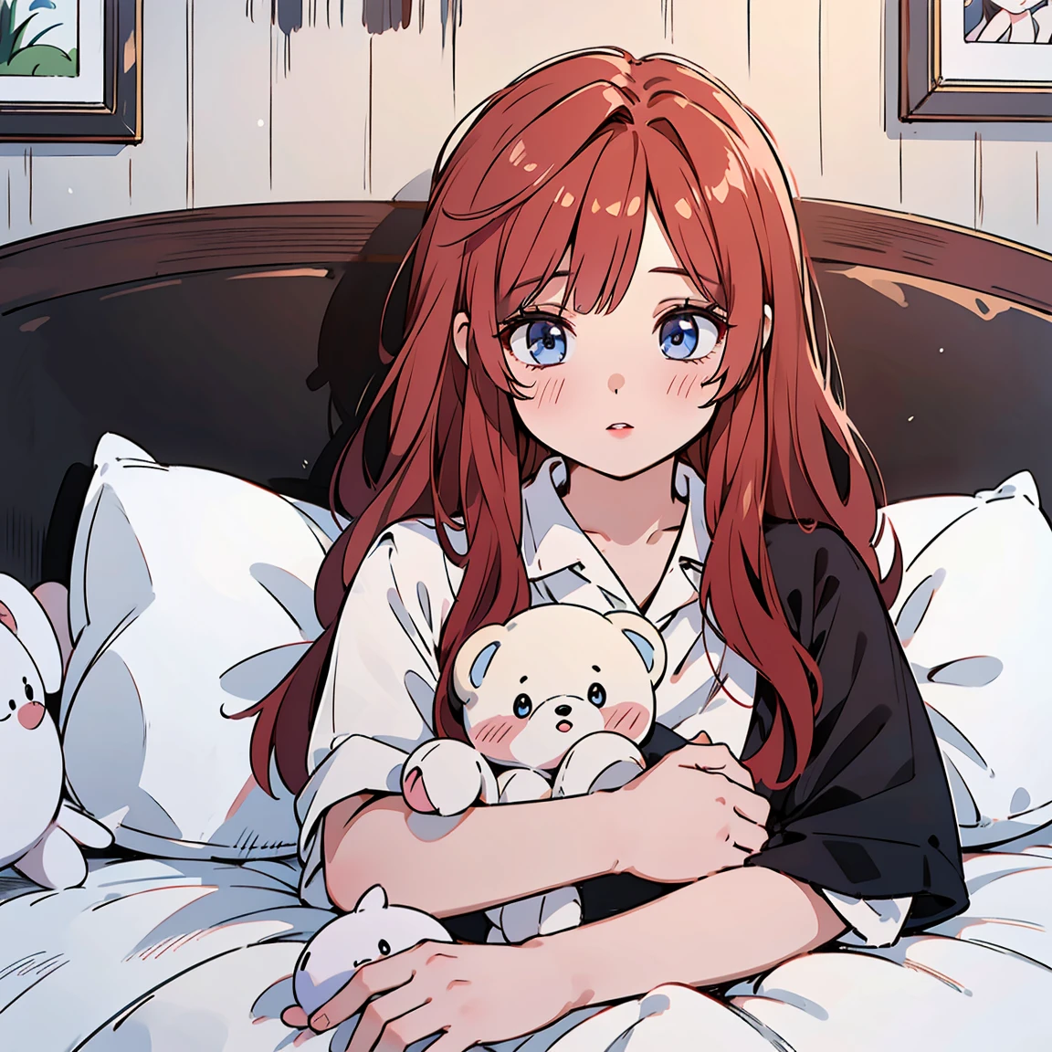 a cute  doll in pajamas, photorealistic, beautiful detailed eyes, beautiful detailed lips, extremely detailed face, longeyelashes, 1girl, sitting on bed, having pajama , warm lighting, soft pastel colors, cozy bedroom interior, plush toys, stuffed animals, decorative pillows, fuzzy blankets, (best quality,4k,8k,highres,masterpiece:1.2),ultra-detailed,(realistic,photorealistic,photo-realistic:1.37),HDR,UHD,studio lighting,ultra-fine painting,sharp focus,physically-based rendering,extreme detail description,professional,vivid colors,bokeh, messy girl, messy hair