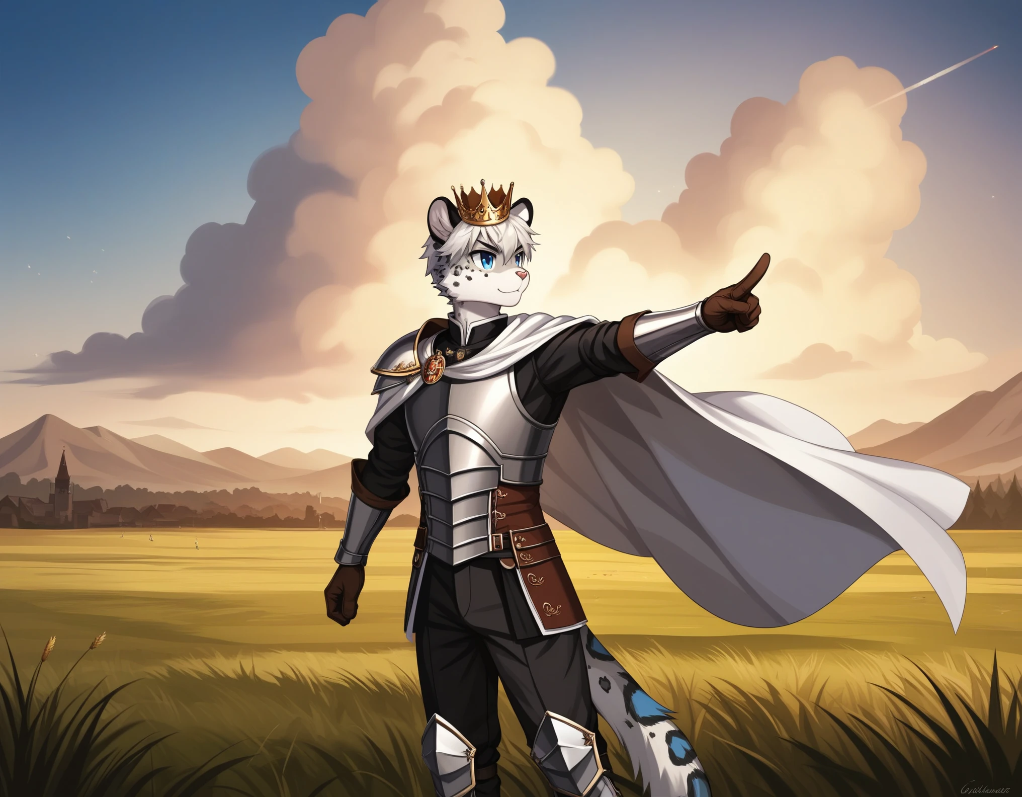 Score_9, score_8_up, score_7_up, source_cartoon, Anthro male, snow leopard, short white hair, blue eyes,  wearing regal kings outfit, kings top, elegant slacks, crown, wearing silver armor, white cape, young, tall and slender, portrait, standing, pointing to a battlefield, grassy field, many knights in the background marching, huge army in the background, outdoors, side view, epic pose, 