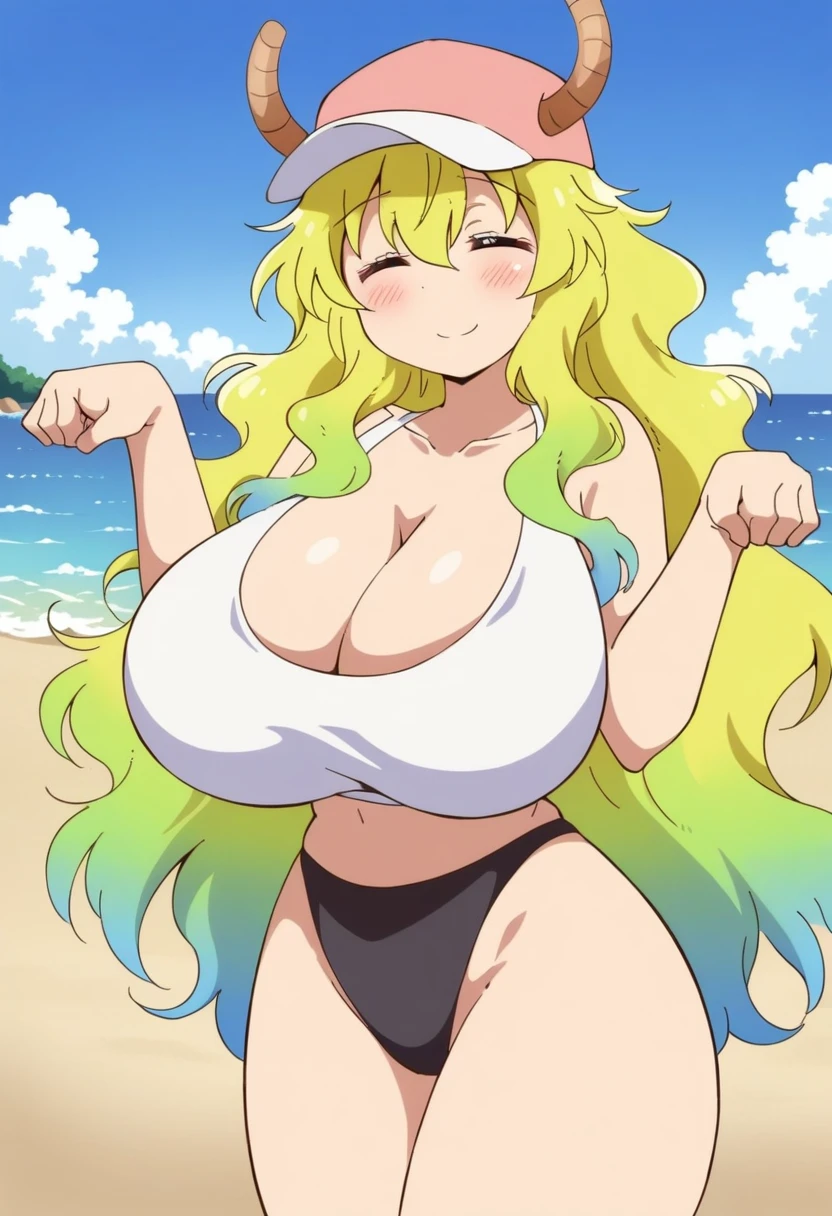 anime art style, 2d, masterpiece, best quality, very aesthetic, absurdres, dynamic shadows, atmosferic, lucoa_md, (1girl), (blonde hair), long hair, (gradient hair), green hair, blue hair, closed eyes, ahoge, hair between eyes, bangs, big breasts, cleavage, curvy body, collarbone, makeup, blush, (sexy smile), horns, hat, pink baseball cap, white crop top, black thong, sexy smile, (cowboy shot), (paw pose), beach, clouds, sky