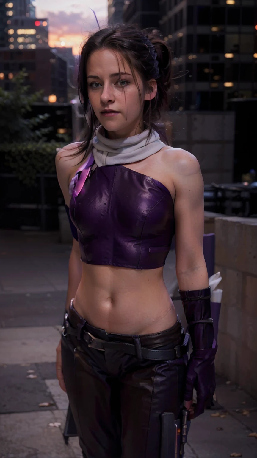 (masterpiece), (photorealistic1.4), (1 girl), (solo), (best quality), (large breasts), (epiCRealLife), (Kate Bishop long hair), (sleeveless top), (kateb2023 black utility belt), (kateb2023 purple costume), (purple pants) (kateb2023 purple sleevless bodysuit), (krs, Kristen Stewart, white scarf),(white scarf), (kateb202), (bare shoulder), (night time), (kateb2023 wearing black boot), (elbow gloves), (abs), (flash photography), (flashphoto), (outdoor), , (sunset), (look at viewers),(light smile), , standing on new york city rooftop), (from side), (city landscape), (close up)