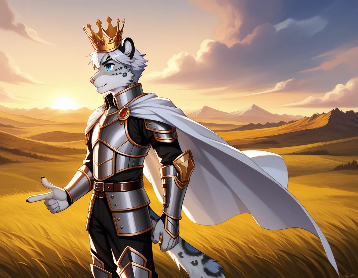 Score_9, score_8_up, score_7_up, source_cartoon, Anthro male, snow leopard, short white hair, blue eyes,  wearing regal kings outfit, kings top, elegant slacks, crown, wearing silver armor, white cape, young, tall and slender, portrait, standing, pointing to a battlefield, grassy field, many soldier knights in the background marching, huge army in the background, outdoors, side view, epic pose, 