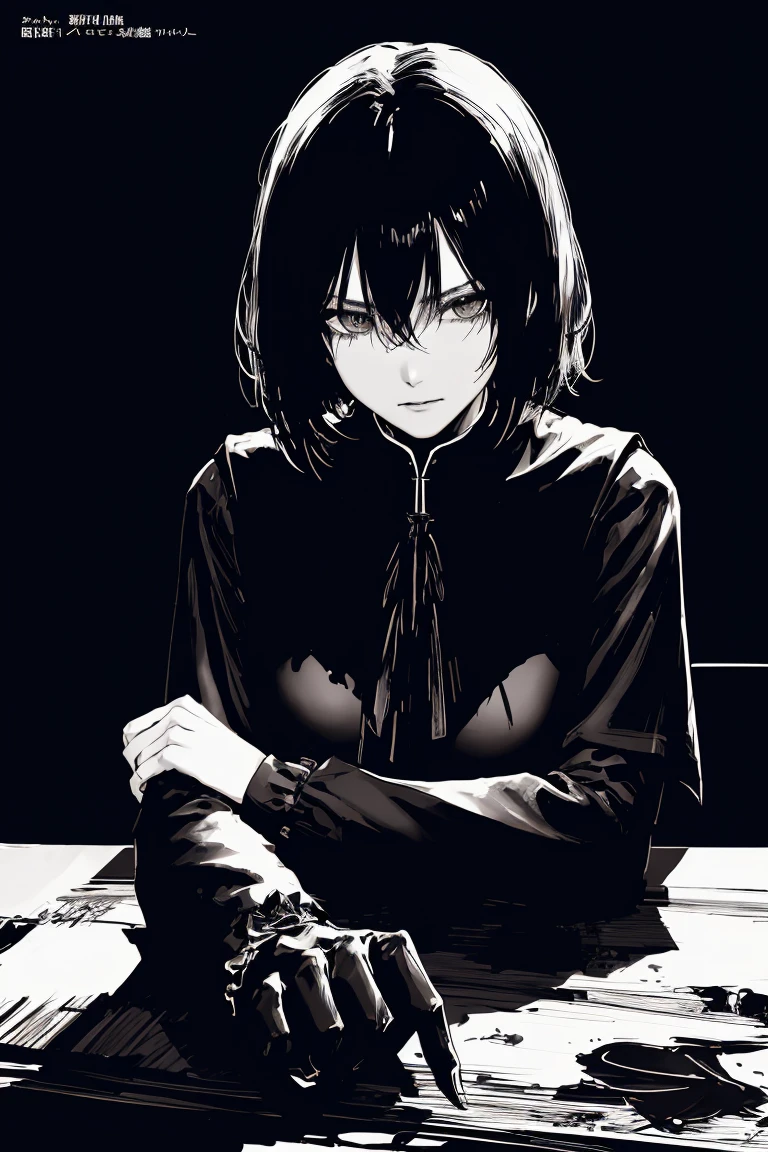 style v5lcn,ink art,(Best quality,table:1.2),(black and white comic core:1.1),(extremely high contrast),Dark ink,1 girl in,Dark-haired,Shadow on the face、8 k,Permission,high school student,sailor uniform,