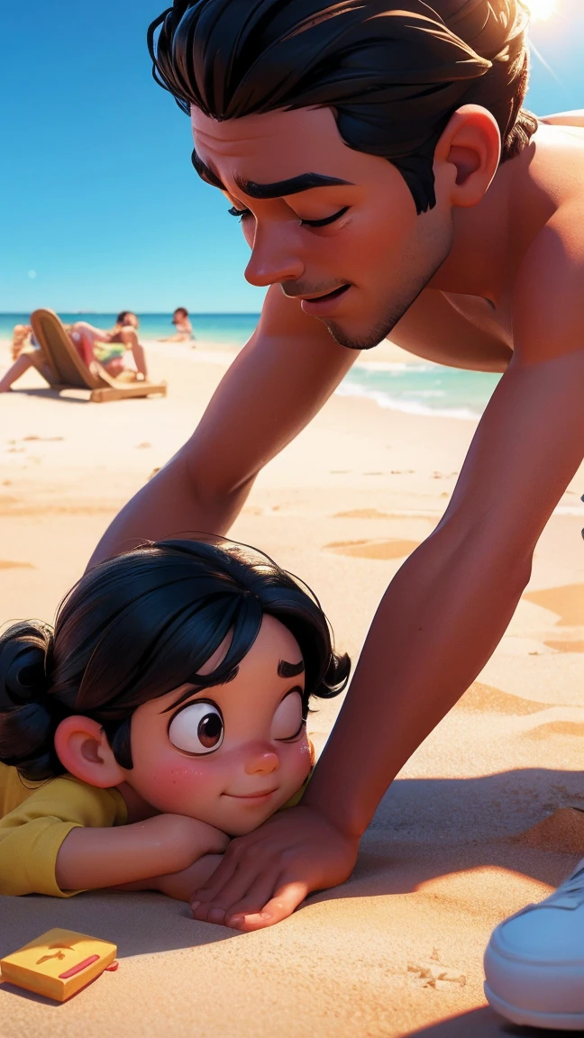 A 3D Disney-style animation frame featuring a man and a woman under the sun, both sweating and looking exhausted. The scene should show the sun shining brightly overhead, with heatwaves visible. The characters should look cute and appealing to children. The background should be simple and clean to keep the focus on the characters and their condition. No text, symbols, or speech bubbles.
