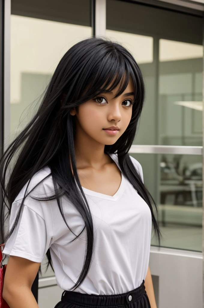 Image of a girl with black hair, dark brown eyes, dark skin with comfortable clothes, anime theme