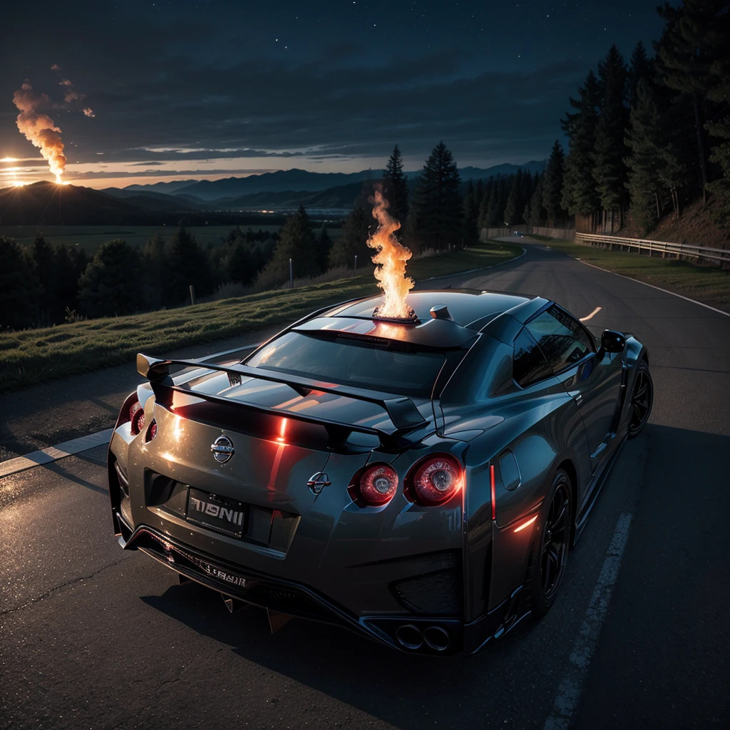 A nissan gtr r35 breathing fire through the exhaust with a landscape at night