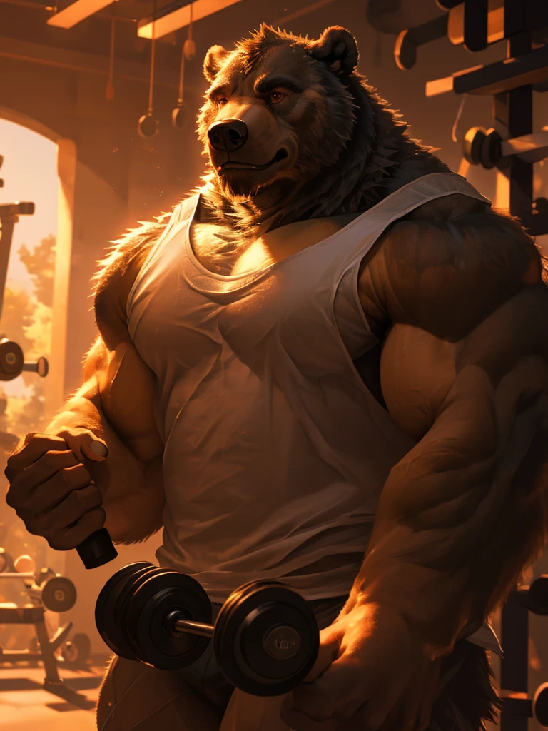 (tall) (muscular) (Grizzly Bear:1.1), (white Tank top), (doggy taf), (dumbbell), (right hand), (detailed eyes), (detailed eyes), (strong pose), [background:0.9], (best quality:1.2), (ultra-detailed), (realistic:1.37), [HDR], [studio lighting], (vivid colors), [bokeh], (portraits), (strong contrast), (warm color tone), (soft lighting)