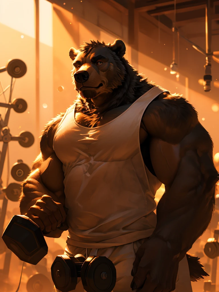(tall) (muscular) (Grizzly Bear:1.1), (white Tank top), (doggy taf), (dumbbell), (right hand), (detailed eyes), (detailed eyes), (strong pose), [background:0.9], (best quality:1.2), (ultra-detailed), (realistic:1.37), [HDR], [studio lighting], (vivid colors), [bokeh], (portraits), (strong contrast), (warm color tone), (soft lighting)