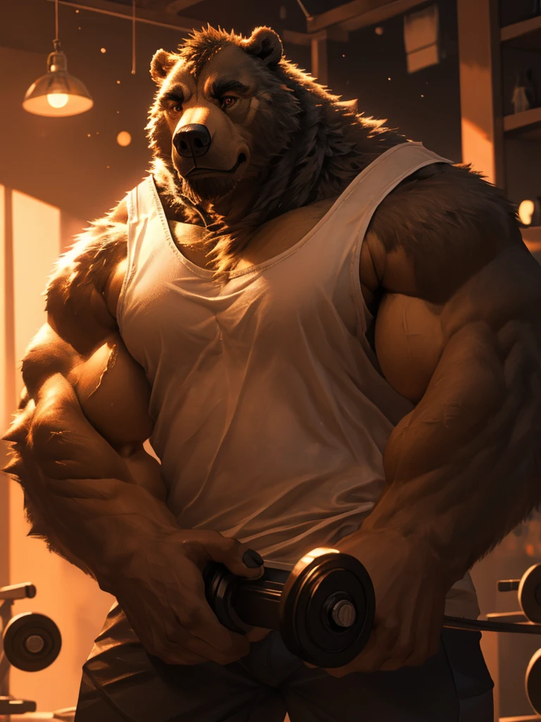 (tall) (muscular) (Grizzly Bear:1.1), (white Tank top), (doggy taf), (dumbbell), (right hand), (detailed eyes), (detailed eyes), (strong pose), [background:0.9], (best quality:1.2), (ultra-detailed), (realistic:1.37), [HDR], [studio lighting], (vivid colors), [bokeh], (portraits), (strong contrast), (warm color tone), (soft lighting)