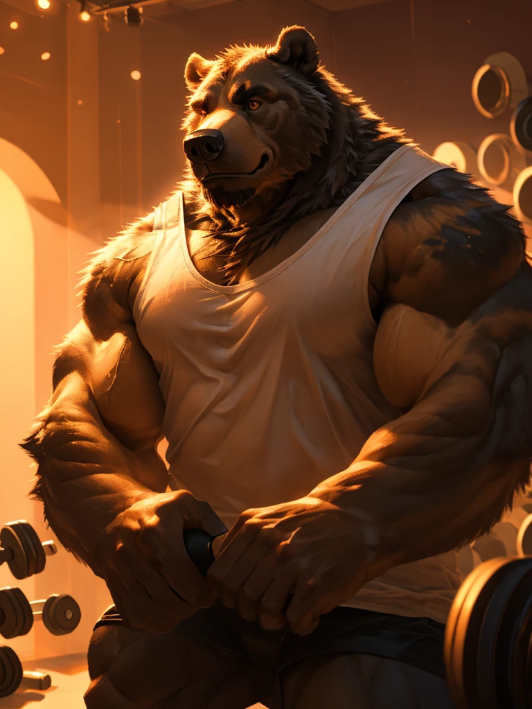 (tall) (muscular) (Grizzly Bear:1.1), (white Tank top), (doggy taf), (dumbbell), (right hand), (detailed eyes), (detailed eyes), (strong pose), [background:0.9], (best quality:1.2), (ultra-detailed), (realistic:1.37), [HDR], [studio lighting], (vivid colors), [bokeh], (portraits), (strong contrast), (warm color tone), (soft lighting)