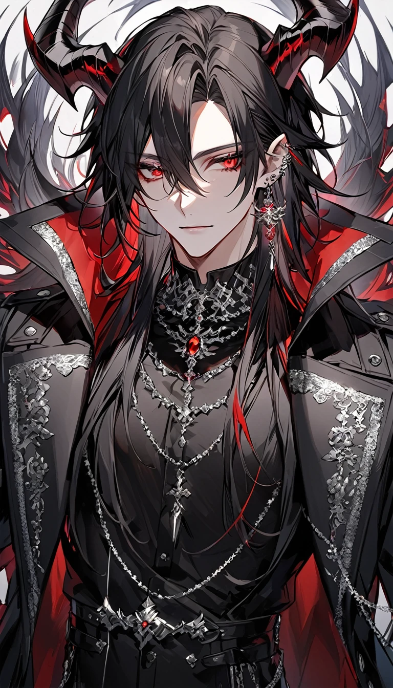 alone, good looking, 1 male, Long hair, Middle parted hair, Black hair, Red eyes, Black shirt, White Thailand, Black Trench Coat, Royal Silver Jewellery, Royal Demon Earrings, Black horns, Front Facing, Vtuber Front Facing Camera