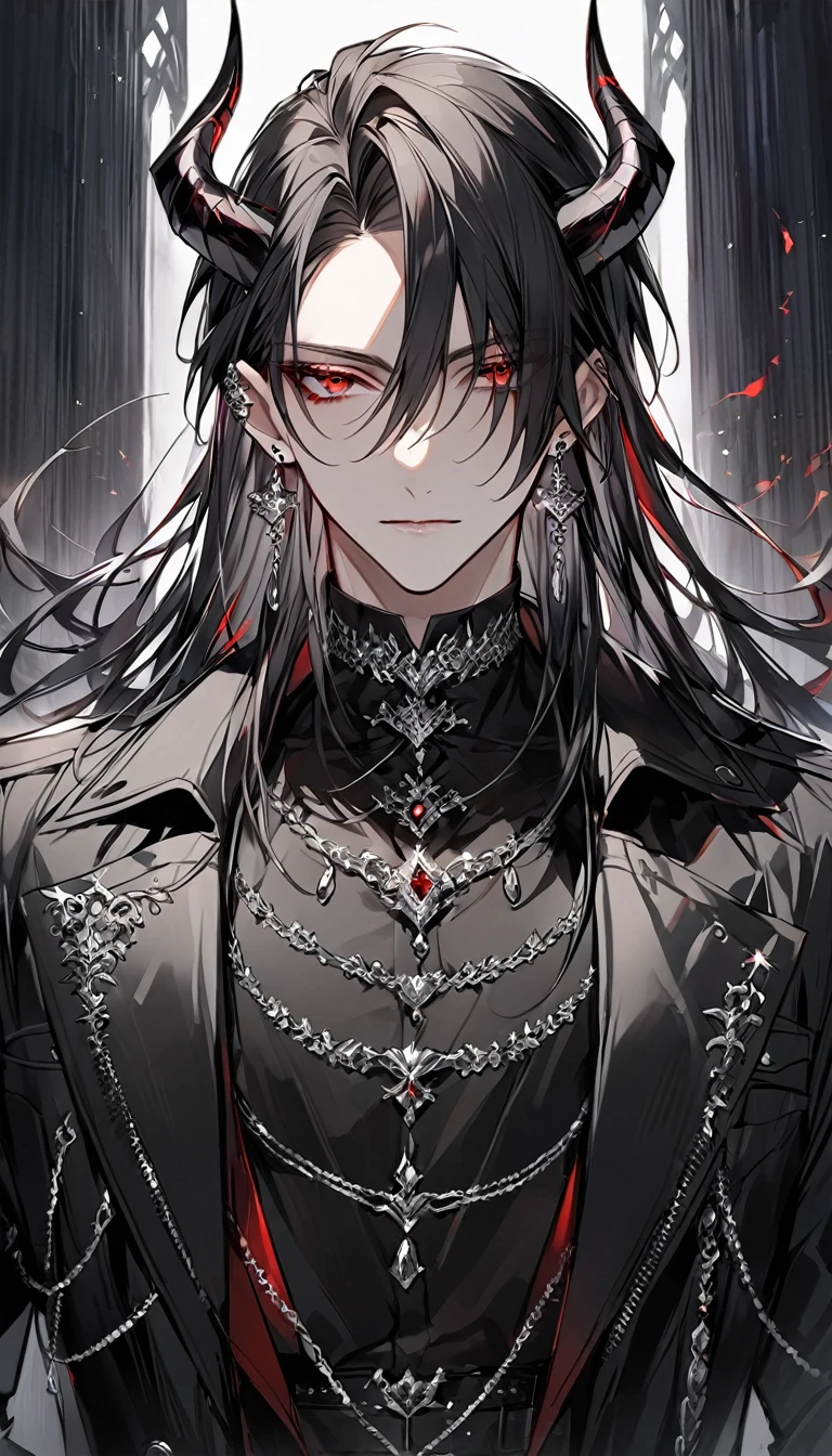 alone, good looking, 1 male, Long hair, Middle parted hair, Black hair, Red eyes, Black shirt, White Thailand, Black Trench Coat, Royal Silver Jewellery, Royal Demon Earrings, Black horns, Front Facing, Vtuber Front Facing Camera