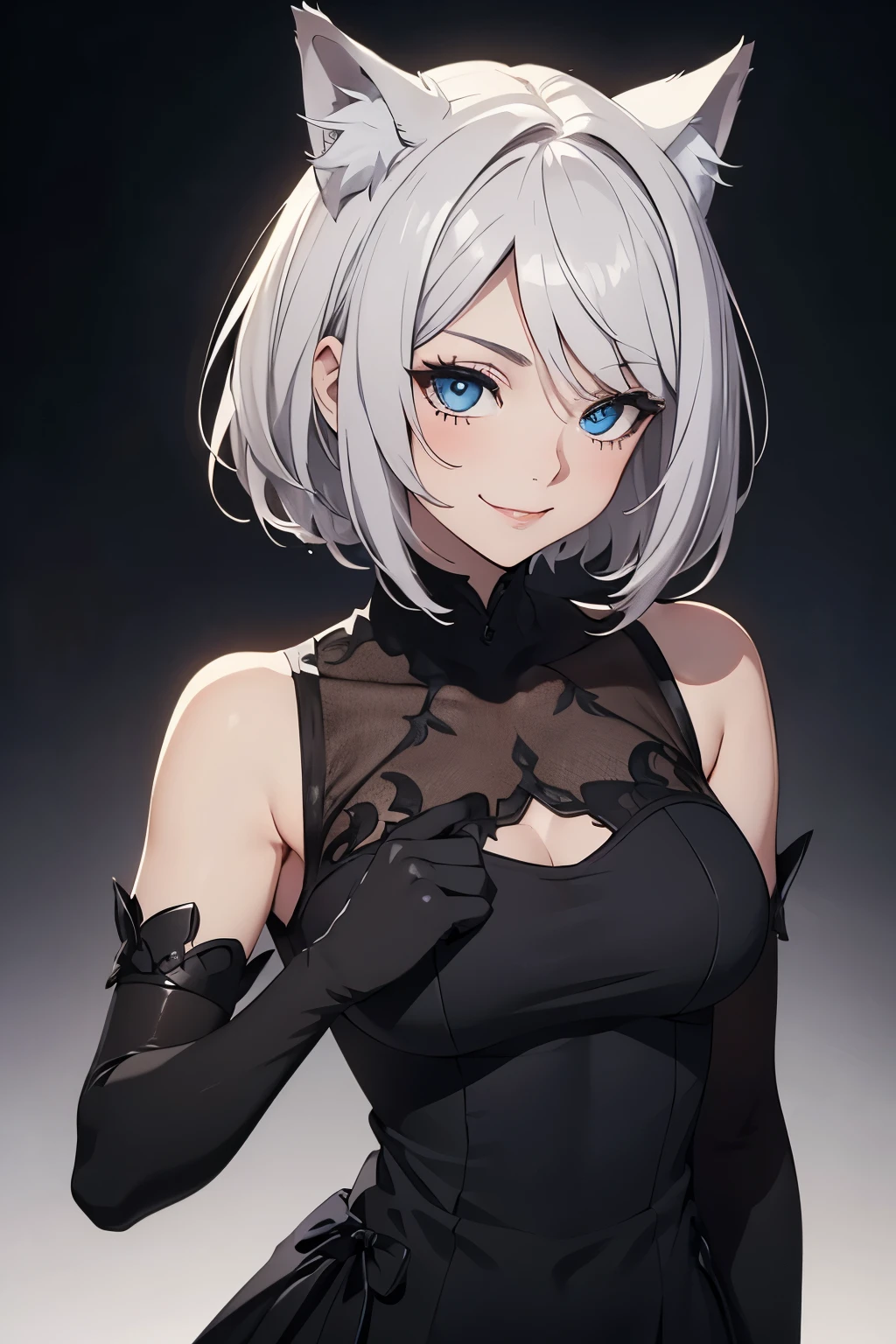 Tabletop　 Best image quality　wonderful　High detail　One Young Woman（（Adult））Anime Style　Black Dress（Sleeveless）　Black long gloves（Elbow Gloves）（Satin）　Black Pantyhose　White wolf ears　short hair（（Shortcuts）（Gray Hair）（Curly Hair）（fluffy））　smile（Happy）　Eye color is blue