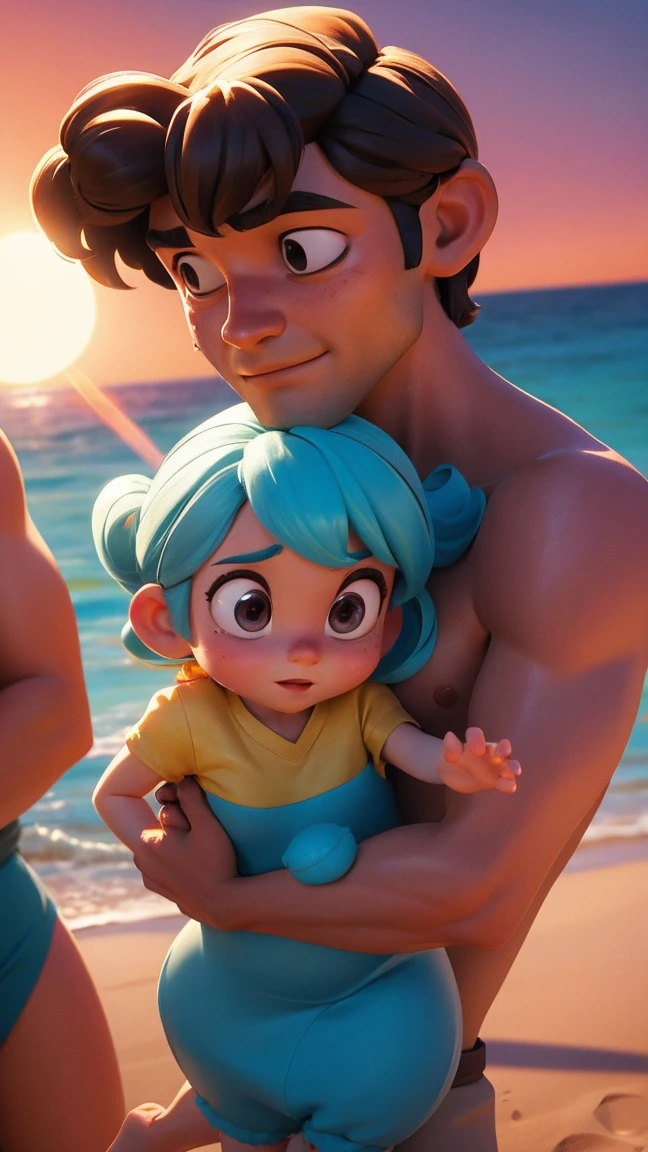 A 3D Disney-style animation frame featuring a man and a woman under the sun, both sweating and looking exhausted. The scene should show the sun shining brightly overhead, with heatwaves visible. The characters should look cute and appealing to children. The background should be simple and clean to keep the focus on the characters and their condition. No text, symbols, or speech bubbles.