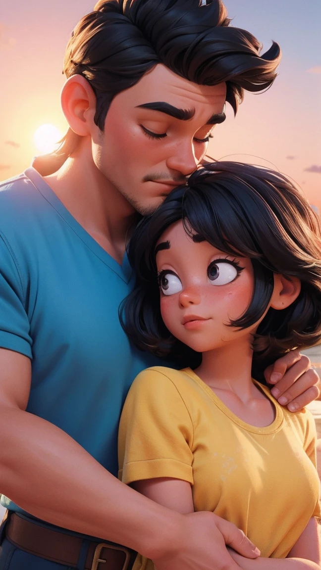 A 3D Disney-style animation frame featuring a man and a woman under the sun, both sweating and looking exhausted. The scene should show the sun shining brightly overhead, with heatwaves visible. The characters should look cute and appealing to children. The background should be simple and clean to keep the focus on the characters and their condition. No text, symbols, or speech bubbles.