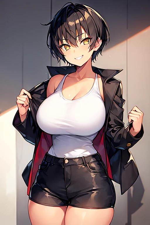 1girl, spiked hair, very short hair, yellow eyes, tan, tan skin, tan-skinned female, black hair, tomboy, pixie cut, huge breasts, shirt, jacket, black jacket, short pants, shorts, hourglass figure, thick thighs, smile, smirk, smug