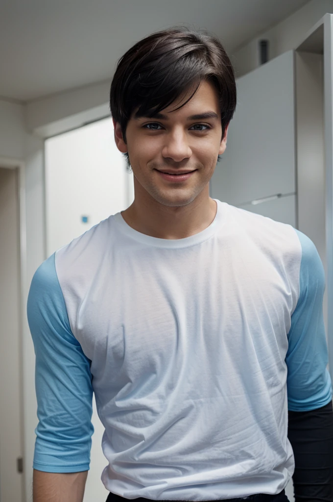 Image of a man wearing a short white t-shirt and light blue sleeves with black hair and two dark blue eyes and wearing black gloves with a happy expression