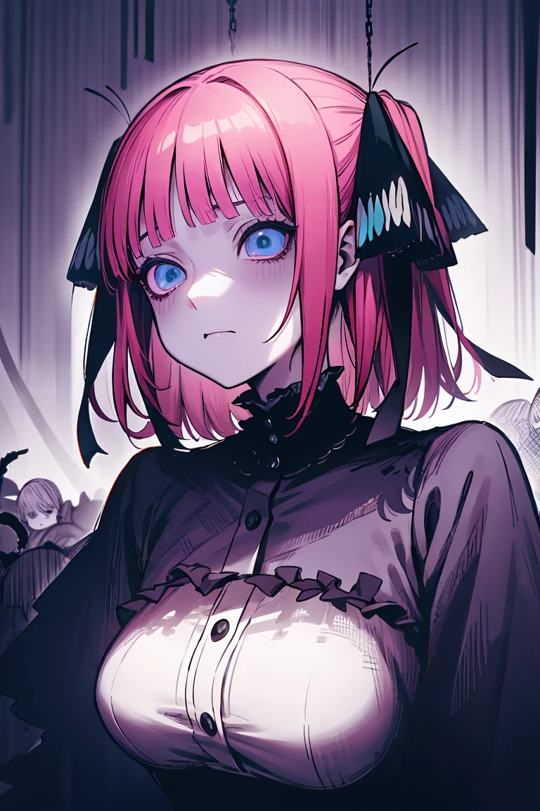 (studio lighting:1.2), deep focus bokeh, nino nakano, hair ribbons, goth style, 1 girl, nakano_nino, pink hair, blue eyes, black and white manga style,Junji Ito,horor,hight contrast,extreme shadows,haunting atmosphere,scary and mysterious scenes,mind-blowing visuals,creepy and unsettling, gothic girl nino, goth girl, goth outfit, Exquisite details,nightmare inducing,artistically stylized,expressive characters,intricate patterns,Terrible expectation,gothic and macabre,intense and mysterious,Masterful narrative,foreboding atmosphere,strange and supernatural,captivating and disturbing narratives,Subtle symbolism,dark and twisted,sublime e surreal,exploring the depths of the human psyche,psychological horor at its best,Convincing and thought-provoking,transcending the limits of reality and imagination