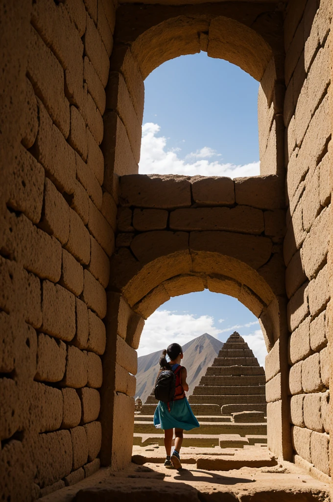 Girl entering through a trapezoidal window of the Sóndor archaeological complex in Peru