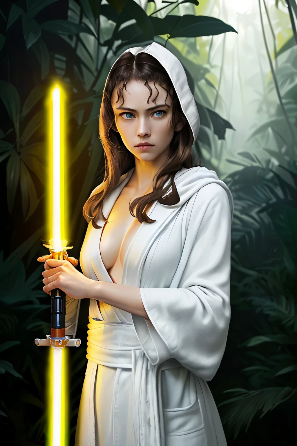 ((best quality)), ((masterpiece)), (detailed), ((jedi master)),((( 1 long yellow light saber))), (((white female))), (((brunette hair))),(( very long hair)), ((blue eyes)), (((white jedi robe))), ((14years old)), ((perfect fingers)), (( jungle background)), ((fighting stance)), ((serious face)), (((perfect face))), (small breast), (((cover up breast))),