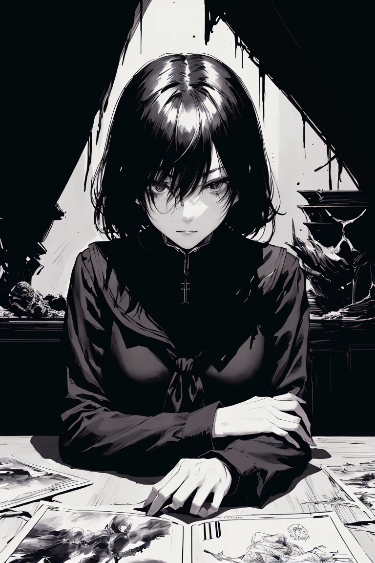 style v5lcn,ink art,(Best quality,table:1.2),(black and white comic core:1.1),(extremely high contrast),Dark ink,1 girl in,Dark-haired,Shadow on the face、8 k,Permission,high school student,sailor uniform,