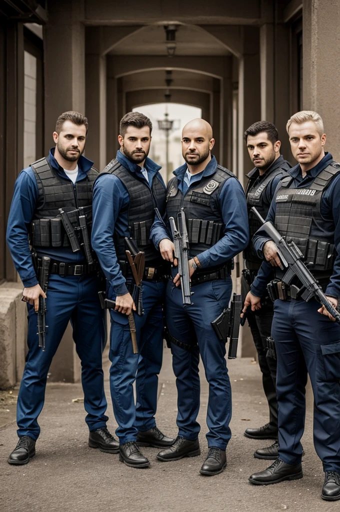 Create a group of 5 criminals posing with weapons.