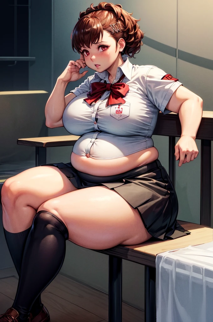 (masterpiece, best quality, highres, absurdres), 1girl, big belly, chubby arms, thighs, art by kipteitei, uniform, brown hair, black knee high skirt, white button up shirt, bow, armband, digital media player, headphones, chubby, embarrassed, flushed, sitting down with legs together, poking belly, shirt buttons popping