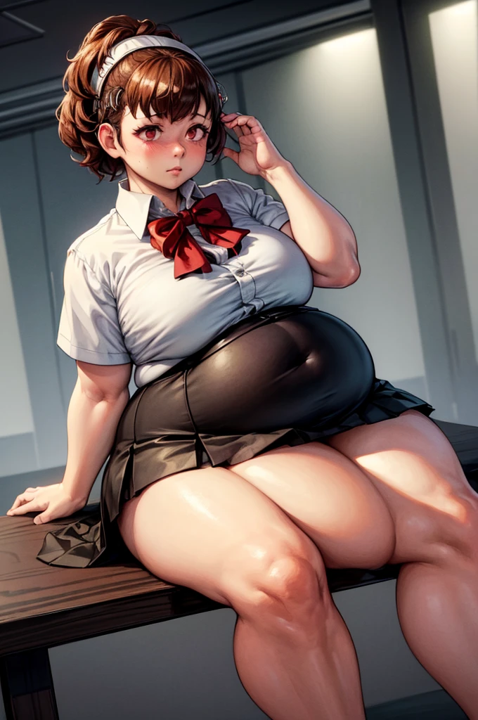 (masterpiece, best quality, highres, absurdres), 1girl, big belly, chubby arms, thighs, art by kipteitei, uniform, brown hair, black knee high skirt, white button up shirt, bow, armband, digital media player, headphones, chubby, embarrassed, flushed, sitting down with legs together, poking belly, shirt buttons popping