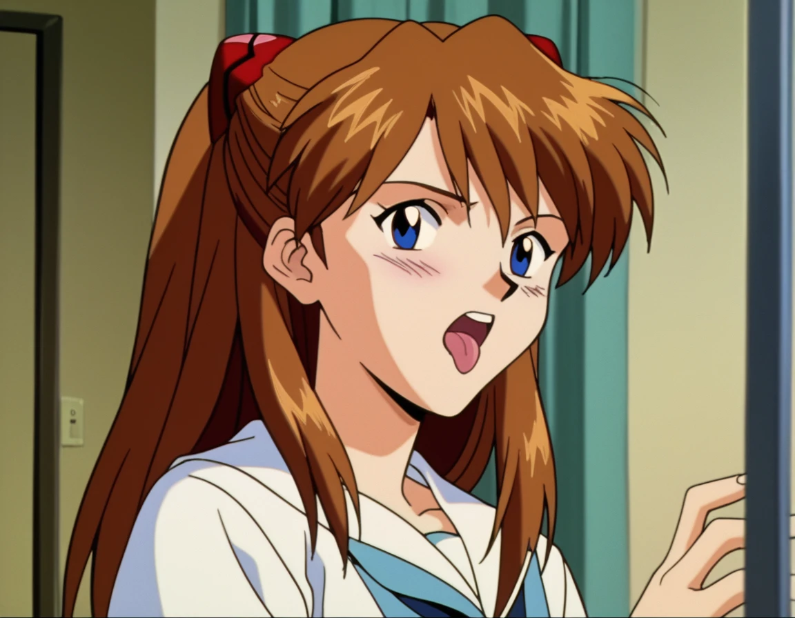 score_8_up, score_7_up, score_6_up, source anime, anime screencap, retro artstyle, retro anime, asuka langley soryu, long hair, bangs, blue eyes, brown hair, hair ornament, small breasts, naked, looking at viewer, serafuku, indoors, hospital room, looking at viewer, saliva, blush, tongue, open mouth, tongue out, close-up, saliva trail, after fellatio, penis, cum, penis, saliva on penis, upper body, (side view:1.3),