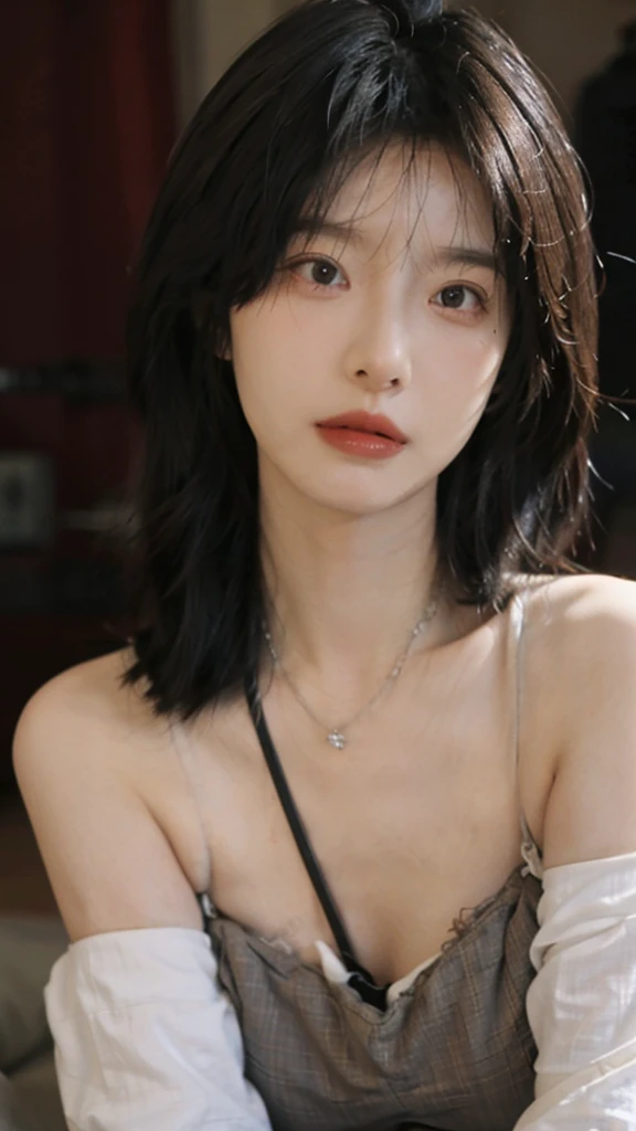 Film portrait photography, 1 girl, bare shoulders,lipstick，（flat chest：1.4）， wear necklace，Big breasts，Cute expression,Exquisite makeup，Red suspenders，serene, calm, (Realistic and detailed eyes, natural skin texture, Realistic facial details), Soft dramatic lighting, depth of field, Bokeh, Vibrant details, Detailed and detailed, surreal, 35mm film, hazy, ,