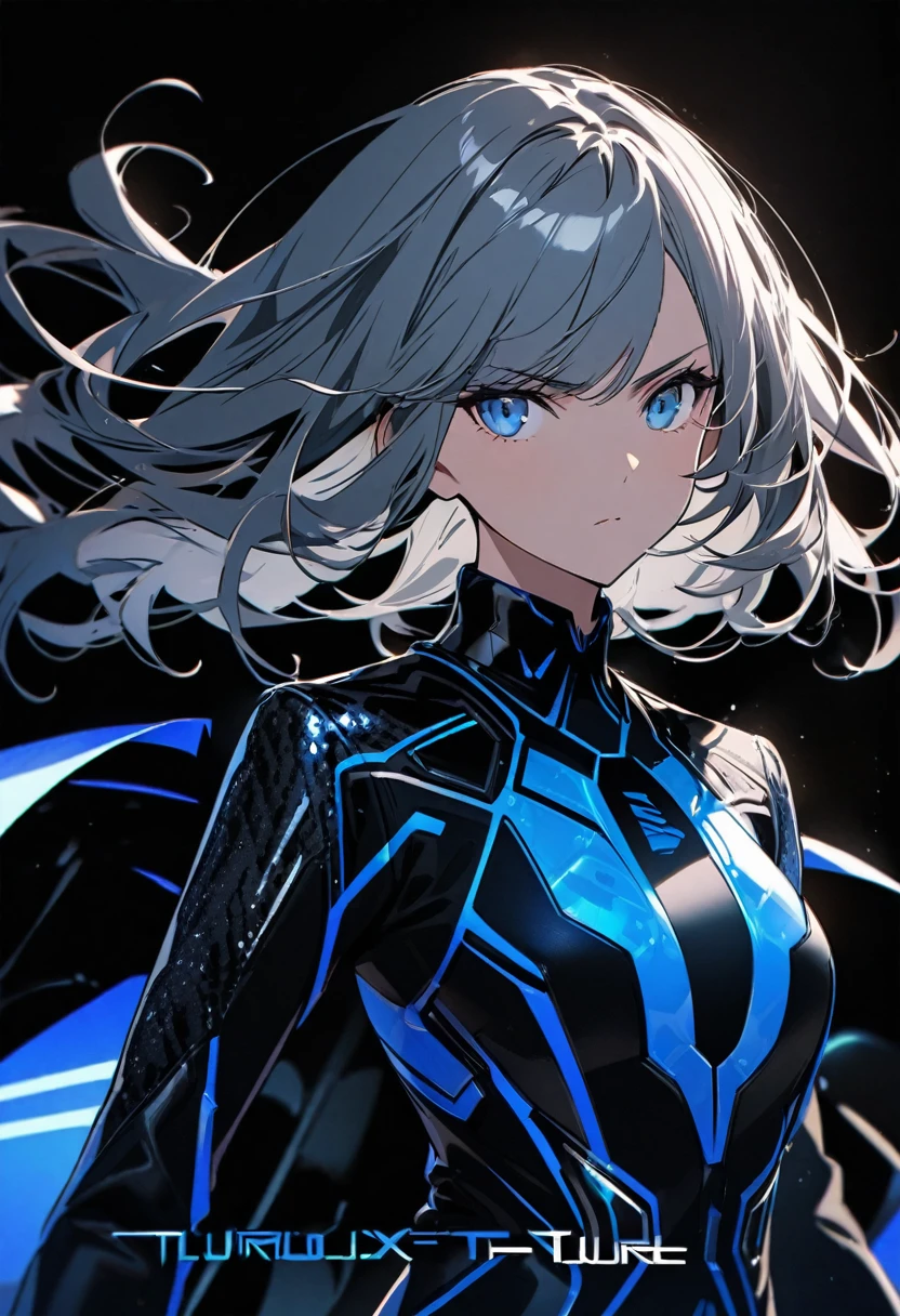 Luxurious and eye-catching black background and a girl with a blue future suit clothes and a large eye-catching luxurious design title and serious look looking straight ahead