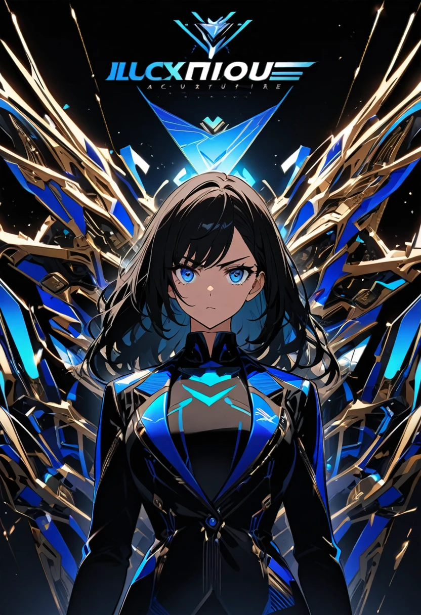 Luxurious and eye-catching black background and a girl with a blue future suit clothes and a large eye-catching luxurious design title and serious look looking straight ahead