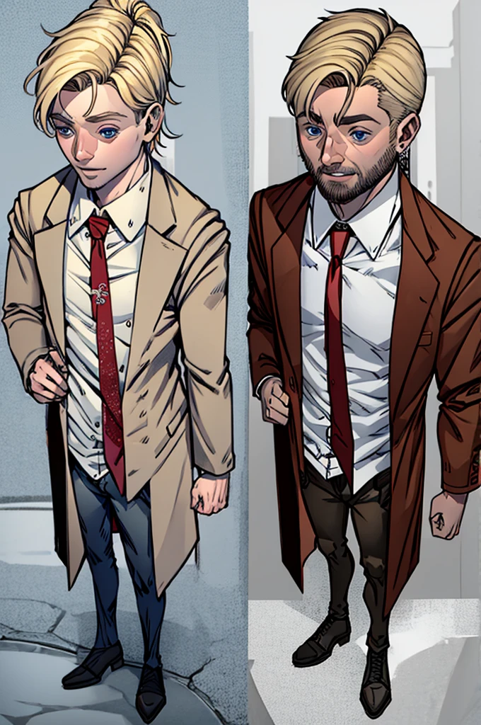 Man with blond hair and blue eyes, wearing a dress shirt with a red tie and a brown overcoat, whole body, White background