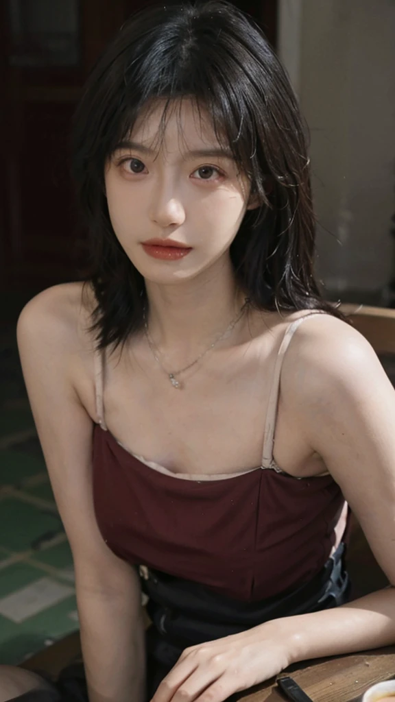 Film portrait photography, 1 girl, bare shoulders,lipstick，（flat chest：1.4）， wear necklace，Big breasts，Cute expression,Exquisite makeup，Red suspenders，serene, calm, (Realistic and detailed eyes, natural skin texture, Realistic facial details), Soft dramatic lighting, depth of field, Bokeh, Vibrant details, Detailed and detailed, surreal, 35mm film, hazy, ,