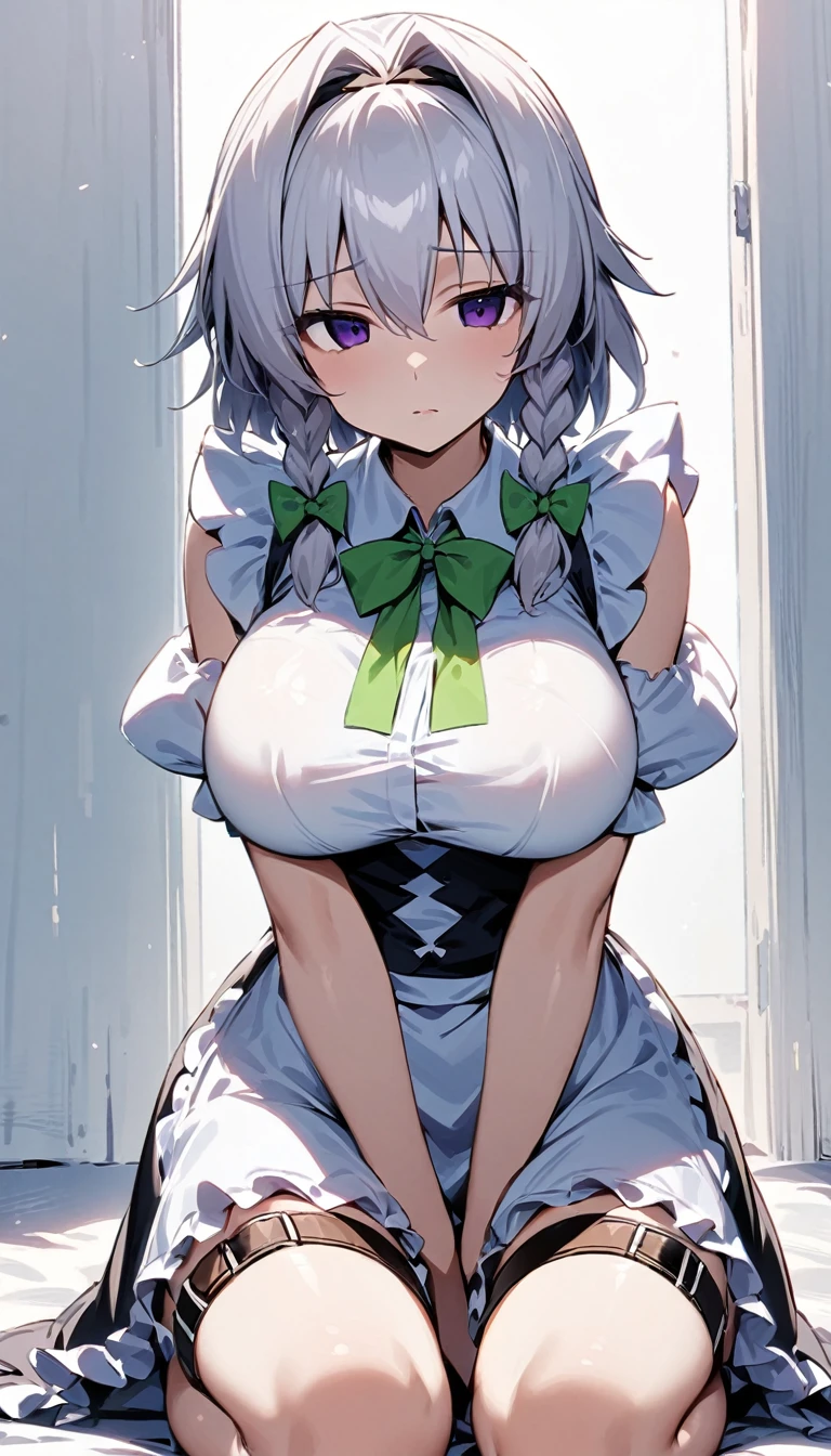 masterpiece, best quality, 1girl, solo, adult, sakuya izayoi, touhou, silver hair, short hair, 2 front braids, green bows, purple eyes, solid eyes, white shirt, french maid outfit, leg belts, large breasts, kneeling, v arms