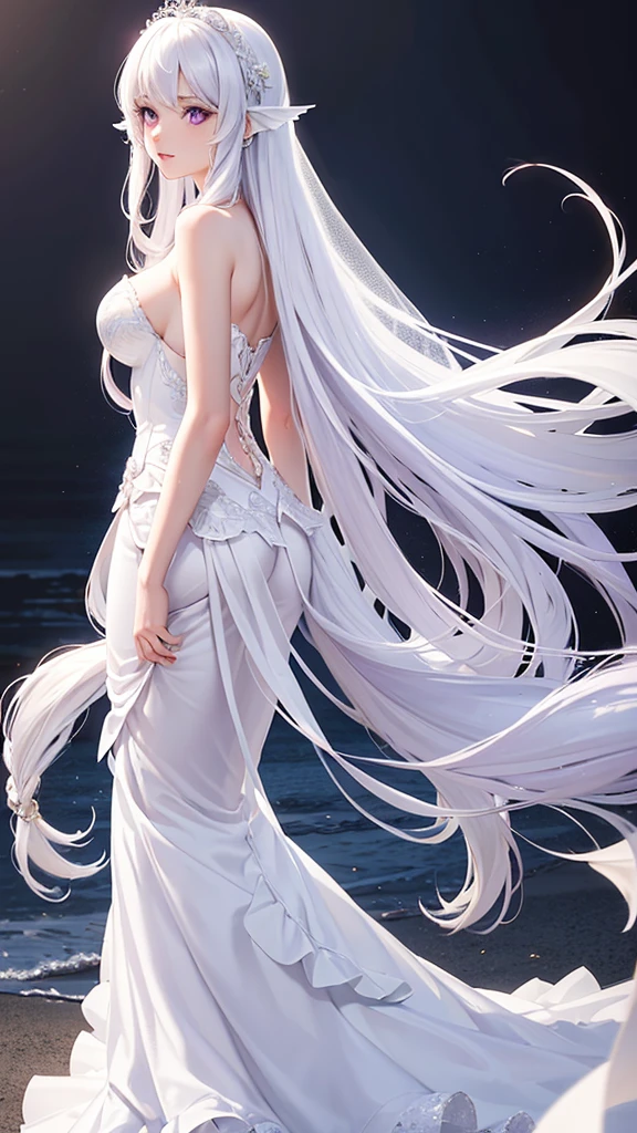 Extremely long white hair, purple eyes, dreamiest female figure, gorgeous teen girl. Gorgeous white mermaid fit and flare strapless wedding dress, with beautiful lace details with a matching long vail. Most perfect body and facial details.