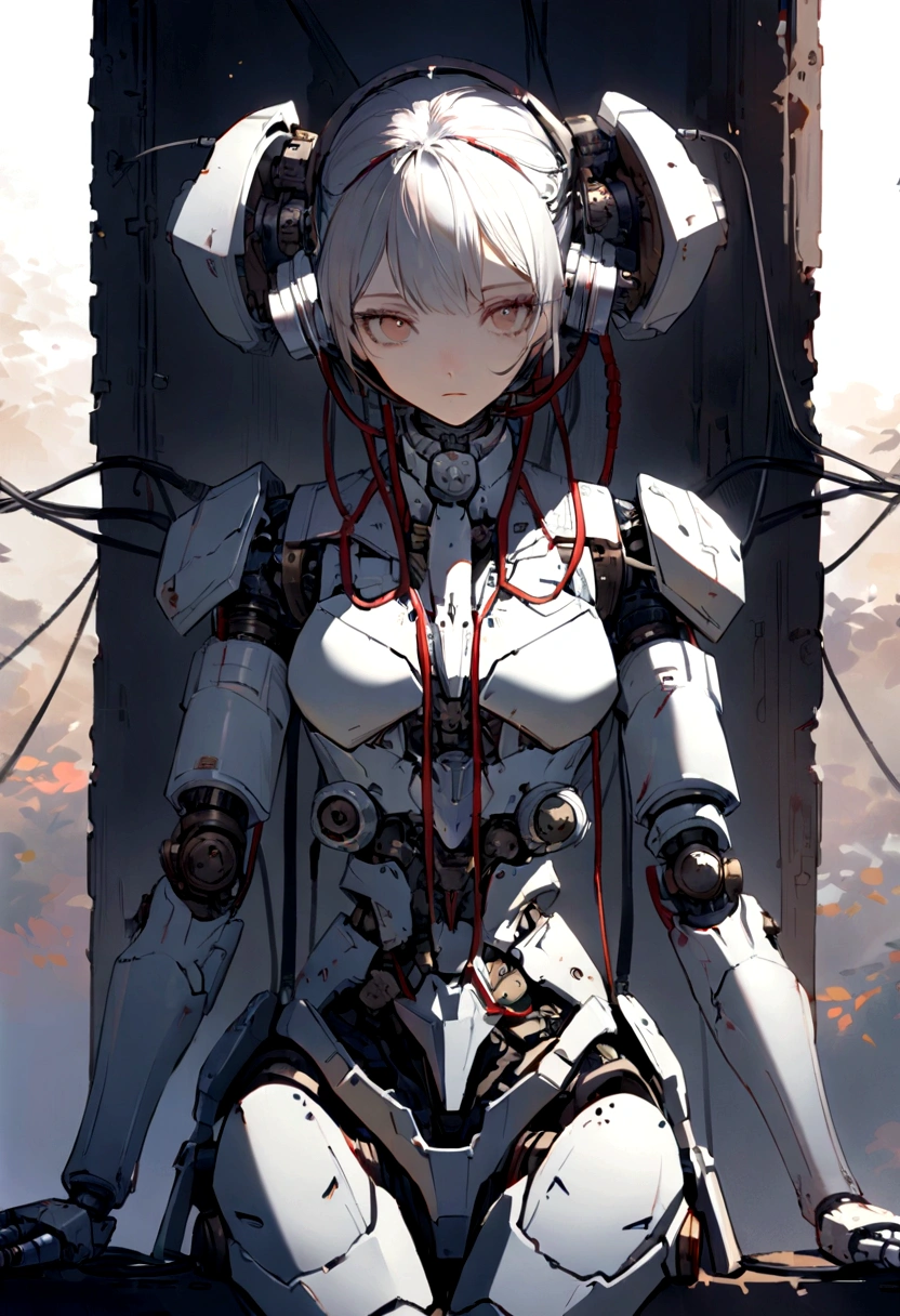 (((masterpiece))), (((Highest quality))), ((Super detailed)), (Highly detailed CG illustrations), ((Very delicate and beautiful)),(Cute and delicate face),Cinematic Light,((1. Mechanical Girl)),alone,Full Body Lesbian,(Machine made joints:1.4),((Mechanical Limbs)),(Blood vessel attached to a tube),((Mechanical vertebrae attached to the back)),((Cervical vertebrae mechanically attached to the neck)),((Sitting)),Expressionless,(Wires and cables attached to head and body:1.5),(Character Focus),sf