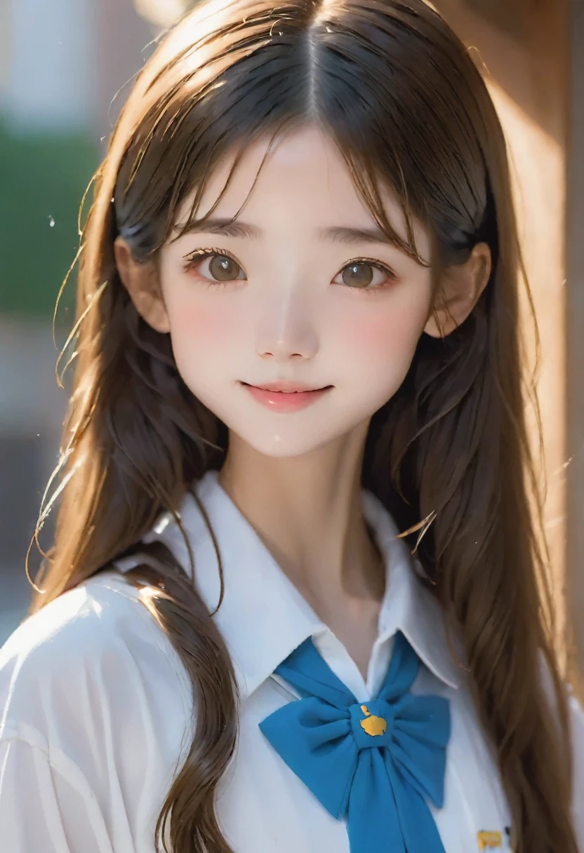 RAW Photos、Realistic、Ultra-realistic、Full body angle、(((18-year-old girl、cute、Black and brown hair)))、(((Duck mouth、Dimples、Highly detailed face and skin texture)))、(((Straight long hair)))、High School Uniform:1.37、Neat and clean 、Highest quality、masterpiece、Ultra-high resolution、8K